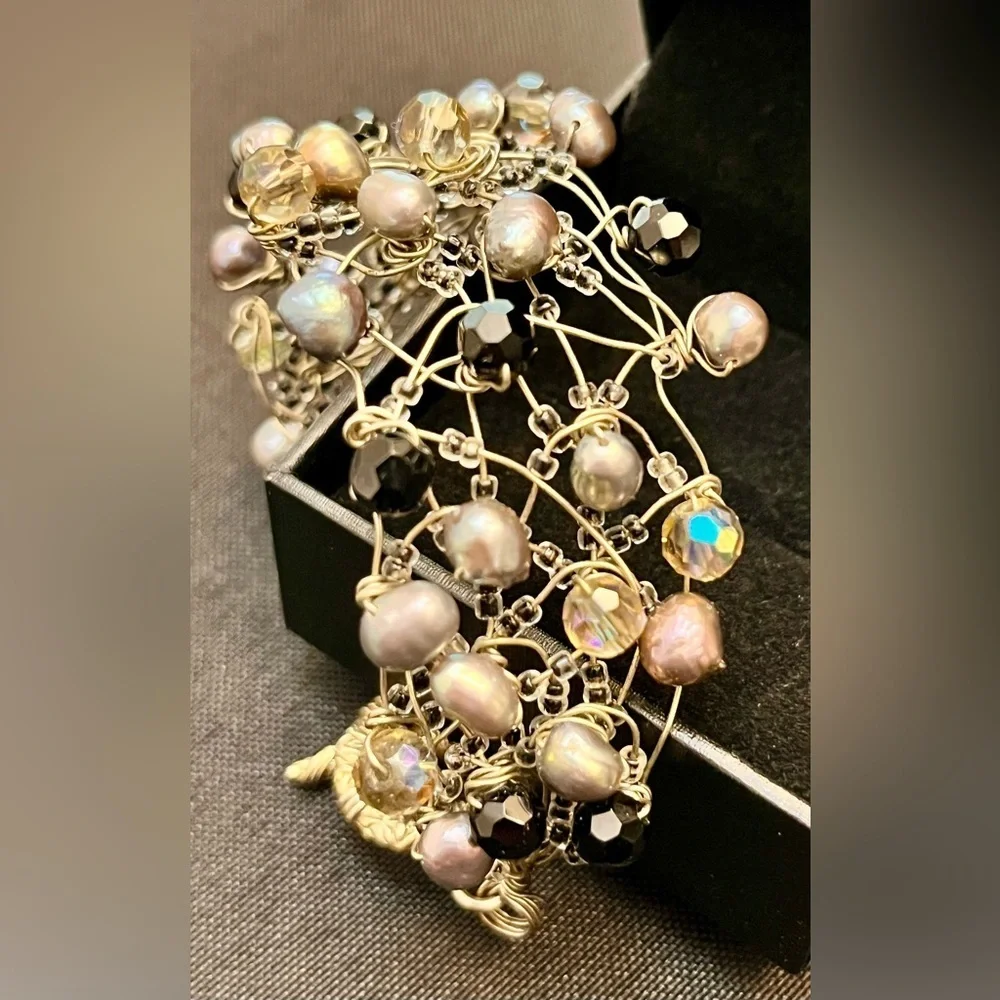 Vintage Handmade Wire Wrapped Bracelet Freshwater Pearl Aurora Borealis Bead Art